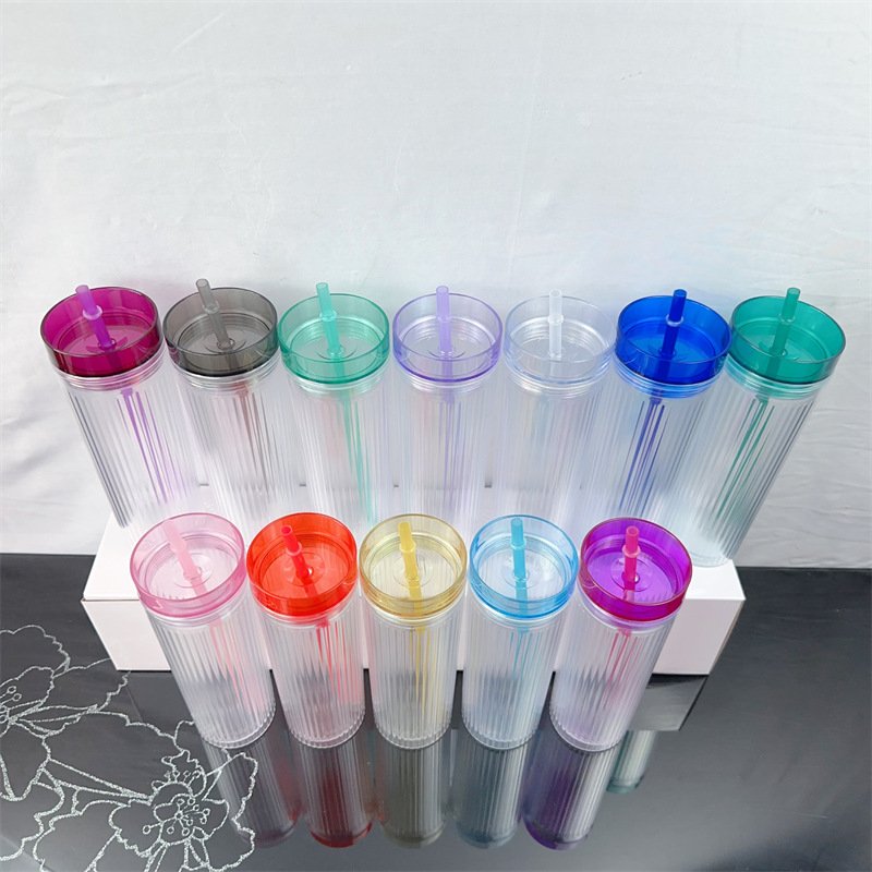 Custom Logo Acrylic Plastic Transparent Double Wall Straight Tumbler Cup 16oz Travel Mug with Straw and Lid
