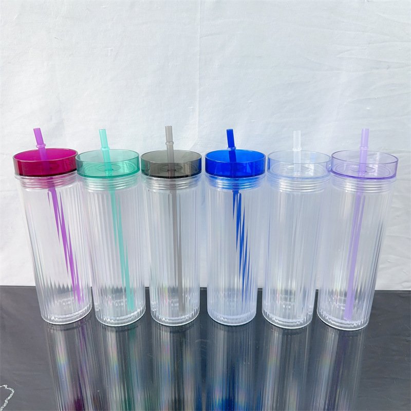 Custom Logo Acrylic Plastic Transparent Double Wall Straight Tumbler Cup 16oz Travel Mug with Straw and Lid