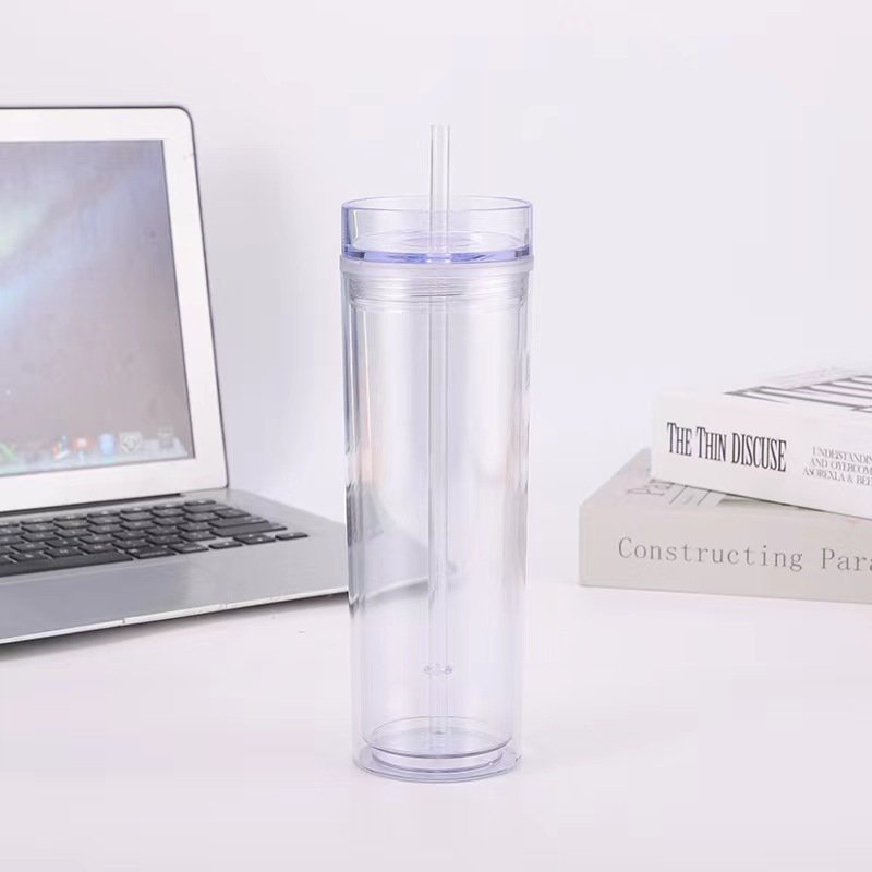 Custom Logo Acrylic Plastic Transparent Double Wall Straight Tumbler Cup 16oz Travel Mug with Straw and Lid