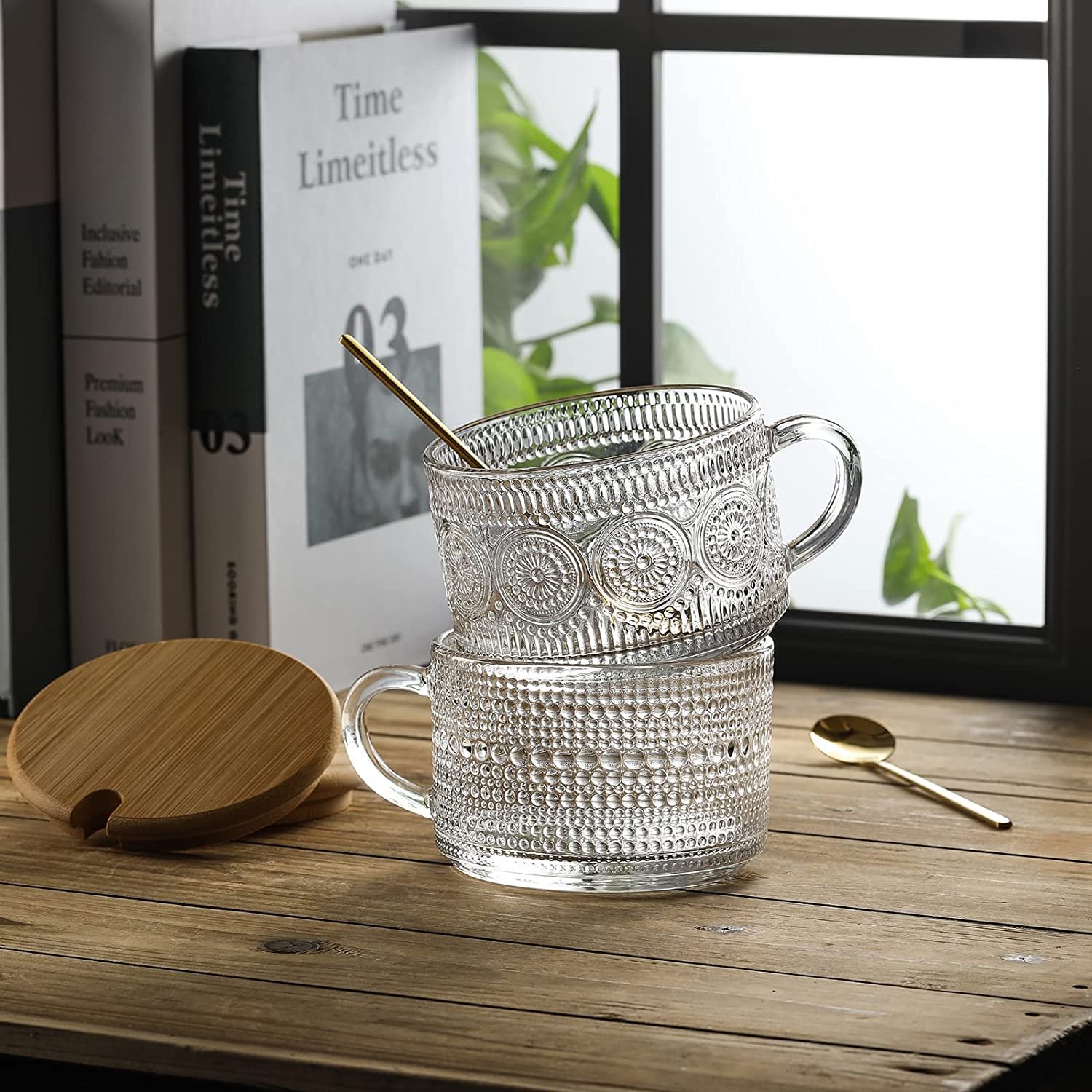 Vintage 14oz Clear Glass Tumbler Custom Size Coffee Mugs Tea Yogurt Cappuccino Latte Customizable Coffe Cup Set Embossed Design