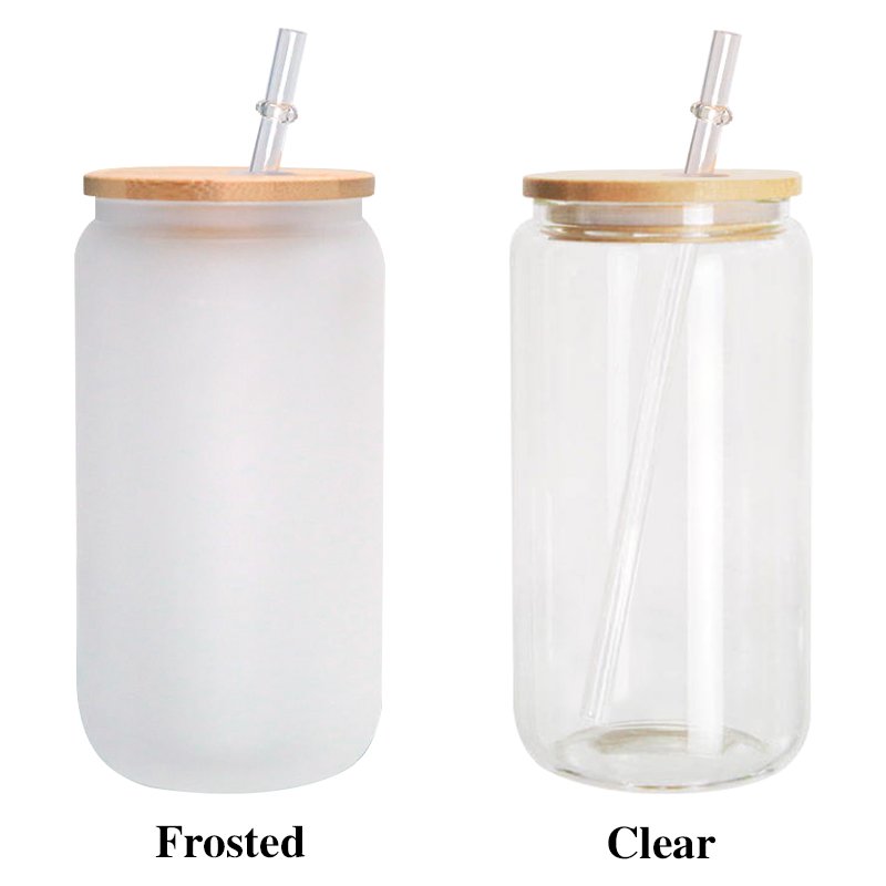 US warehouse RTS 16oz glass can clear frosted sublimation glass tumler mugs with bamboo/colored lid and plastic straw