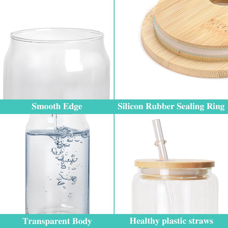US warehouse RTS 16oz glass can clear frosted sublimation glass tumler mugs with bamboo/colored lid and plastic straw