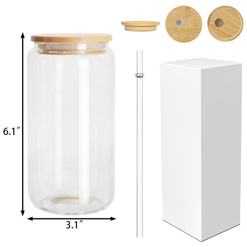US warehouse RTS 16oz glass can clear frosted sublimation glass tumler mugs with bamboo/colored lid and plastic straw