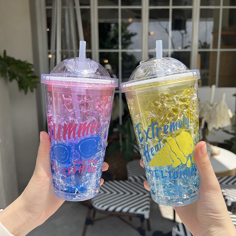 450ml Double Layer Plastic Cup with Slide-Top Lid and Straw Refrigerated Ice Beverage Mug with Color Design Summer Cup
