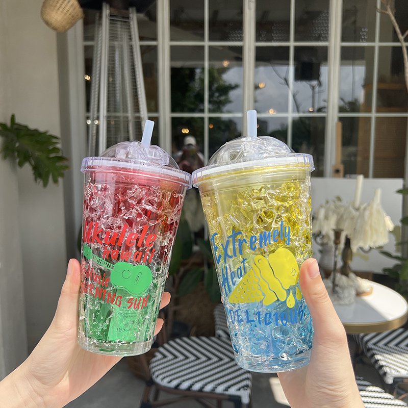 450ml Double Layer Plastic Cup with Slide-Top Lid and Straw Refrigerated Ice Beverage Mug with Color Design Summer Cup