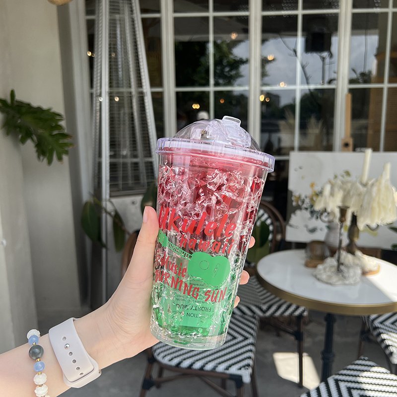 450ml Double Layer Plastic Cup with Slide-Top Lid and Straw Refrigerated Ice Beverage Mug with Color Design Summer Cup