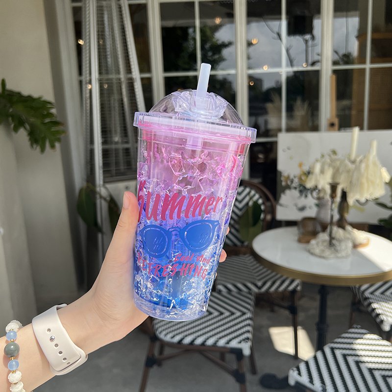450ml Double Layer Plastic Cup with Slide-Top Lid and Straw Refrigerated Ice Beverage Mug with Color Design Summer Cup