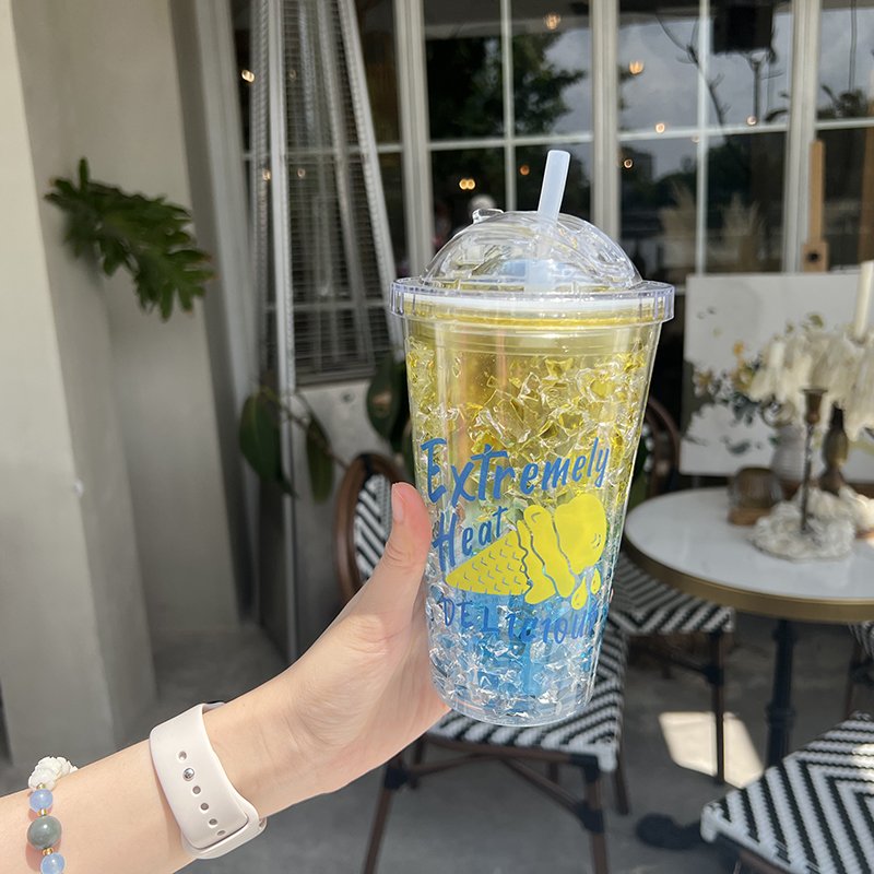 450ml Double Layer Plastic Cup with Slide-Top Lid and Straw Refrigerated Ice Beverage Mug with Color Design Summer Cup