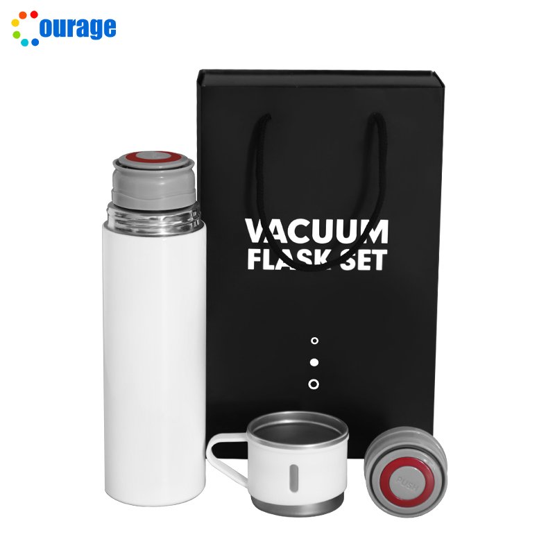 Sublimation Custom Logo Vacuum Flask Set White Color Stainless Steel Thermos Water Bottle Gift Set Blanks with 3 Lids Cups