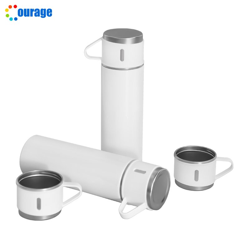 Sublimation Custom Logo Vacuum Flask Set White Color Stainless Steel Thermos Water Bottle Gift Set Blanks with 3 Lids Cups