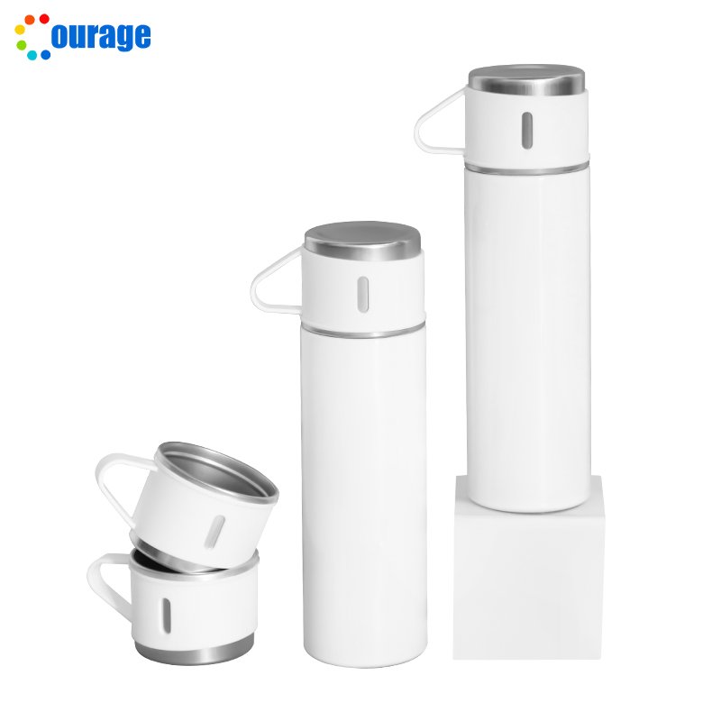 Sublimation Custom Logo Vacuum Flask Set White Color Stainless Steel Thermos Water Bottle Gift Set Blanks with 3 Lids Cups