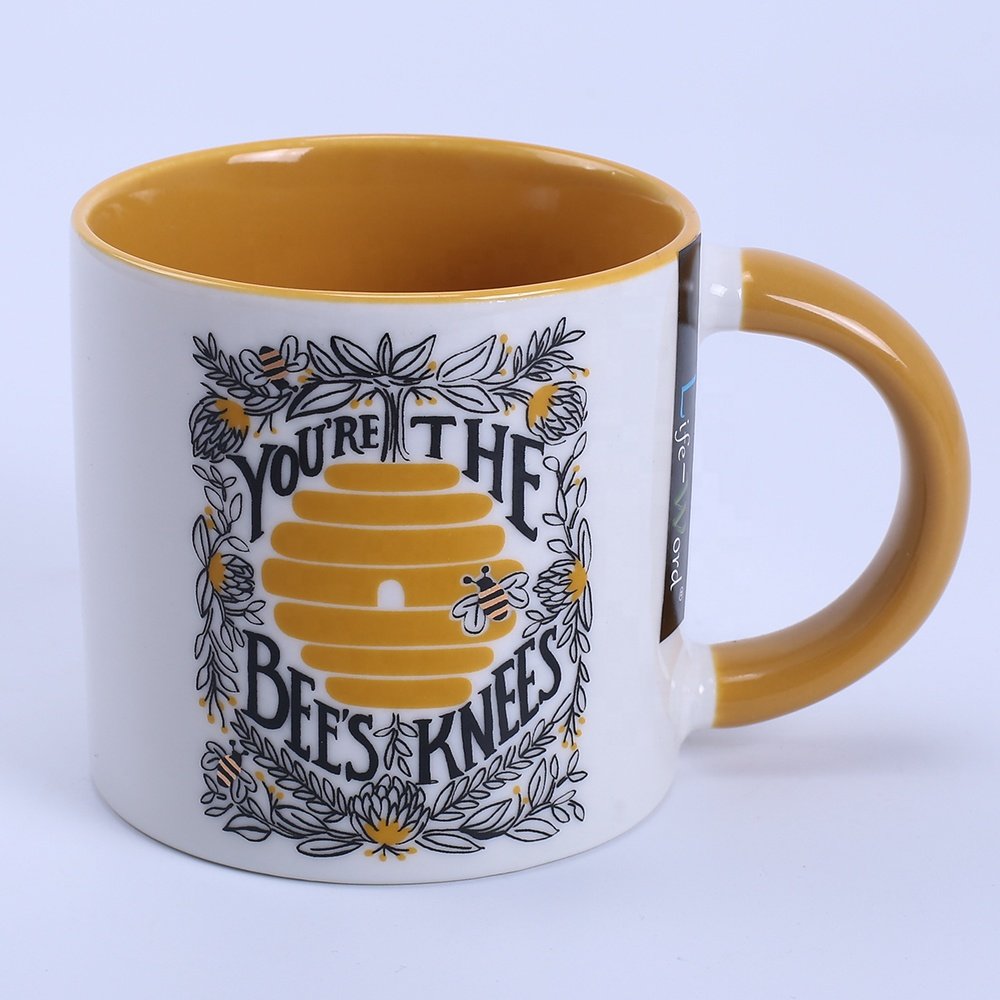 2023 hot sell bee design mug, custom enamel camping mug, white logo printing metal cheap enamel cup new bone china mug