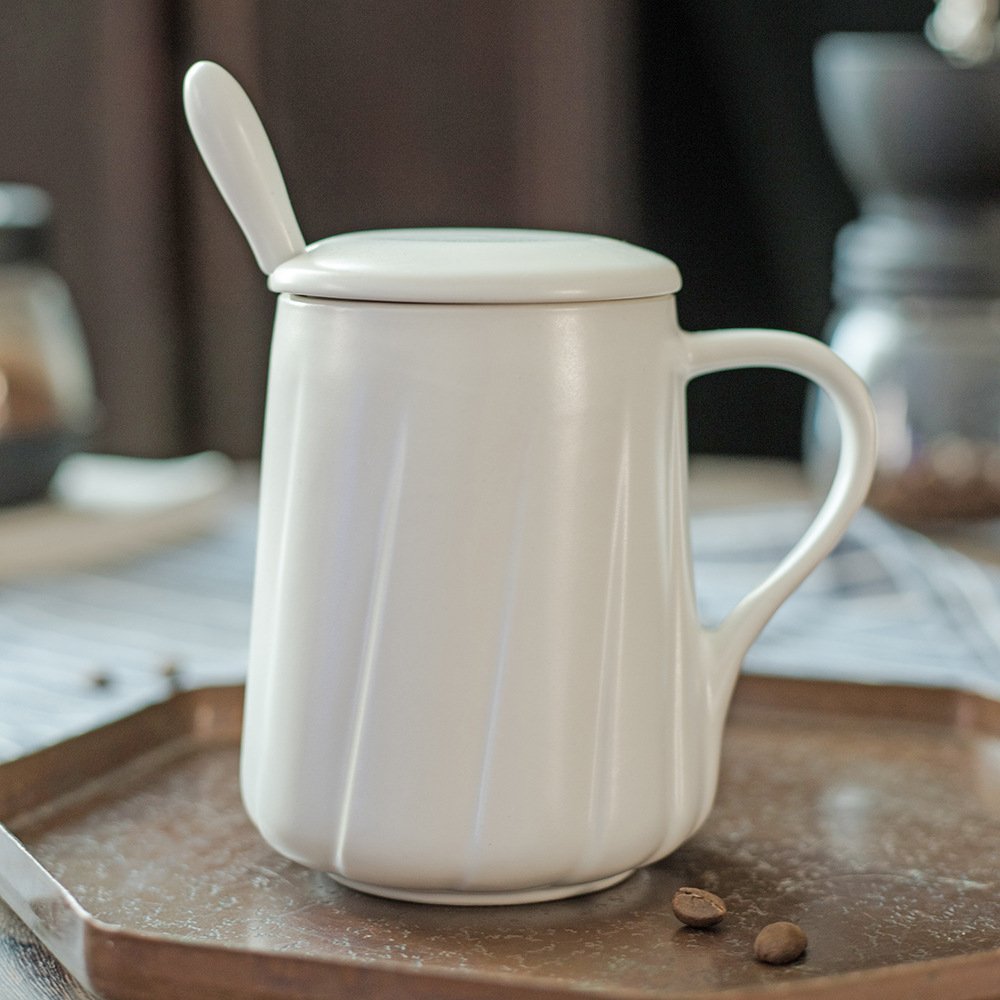 High Quality Large Capacity Spiral Mugs Matte Black White Ceramic Cup Custom Milk Coffee Mug With Lid and Spoon