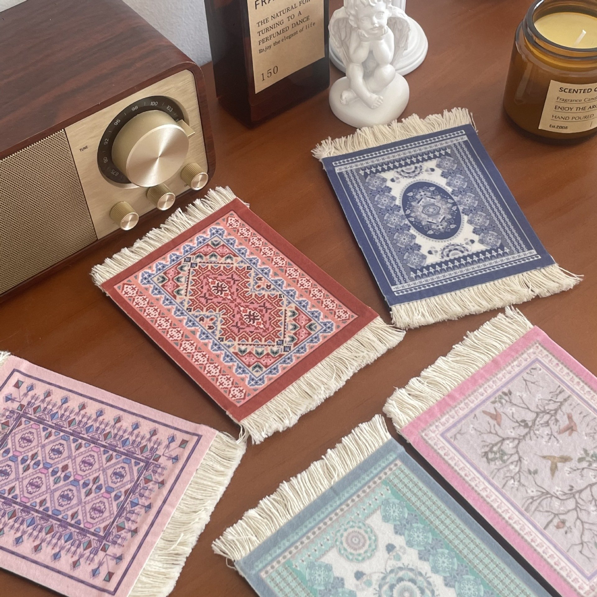Non-Slip Custom Mug Pads Bohemia Table Anti-Heat Cup Mat Square Fabric Dining Table Tassel Mats for Home Decor