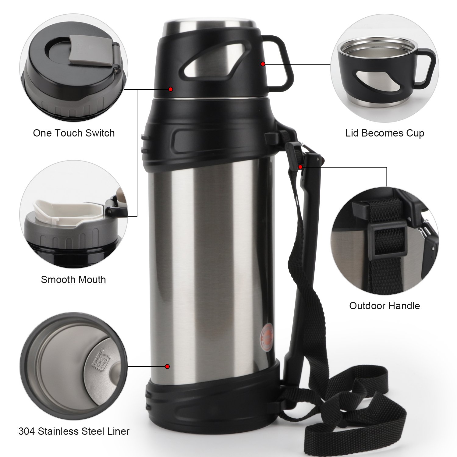 High Quality 2000ml 304 Double Wall Stainless Steel Vacuum Flask Thermos Water Bottle
