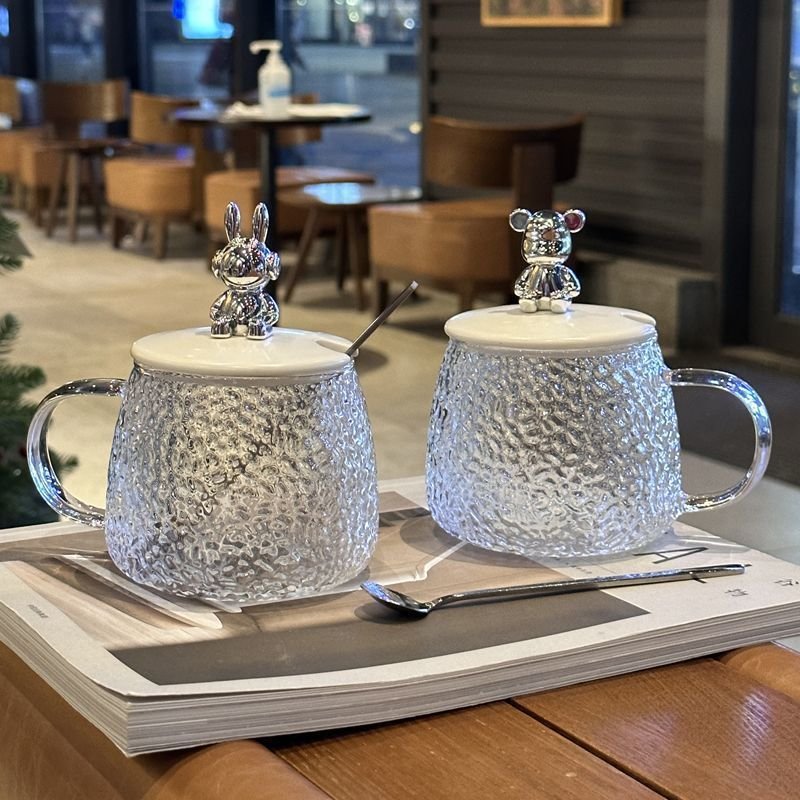 Wholesale Cute mug with lid spoon heat-resistant glass water cup female office coffee cup household tea cup