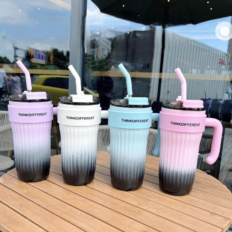 Powder Coated Travel Mug 30oz Insulated Tumbler With Lid and Straws Stainless Steel Double Vacuum pink white tumbler