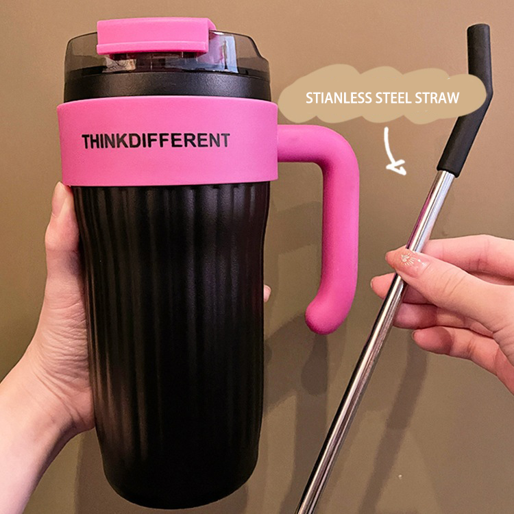 Powder Coated Travel Mug 30oz Insulated Tumbler With Lid and Straws Stainless Steel Double Vacuum pink white tumbler