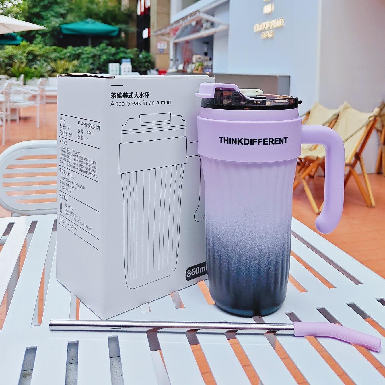 Powder Coated Travel Mug 30oz Insulated Tumbler With Lid and Straws Stainless Steel Double Vacuum pink white tumbler