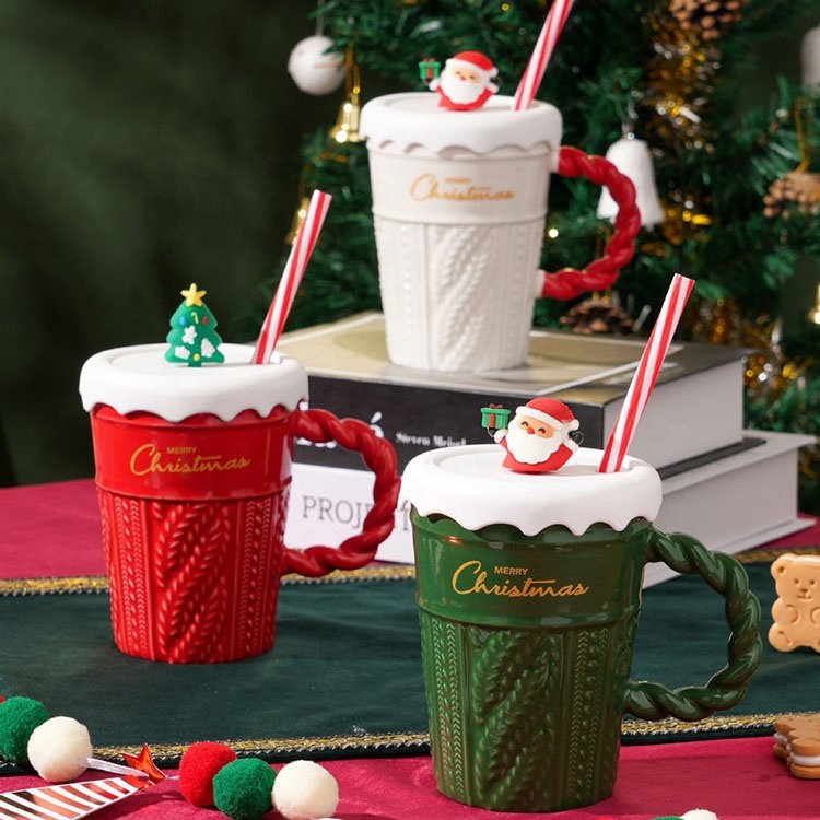 Creative Christmas Mug Ceramic Water Cup High Value With Lid Straw Couple Cup Holiday Gift Souvenir Gift
