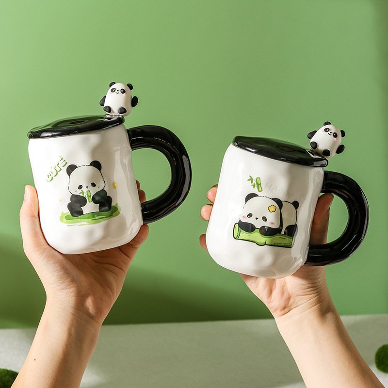 Cute Panda Ceramic Mugs Home Large Capacity Mug Drinking Coffee Ceramic Mugs With Lid Spoon
