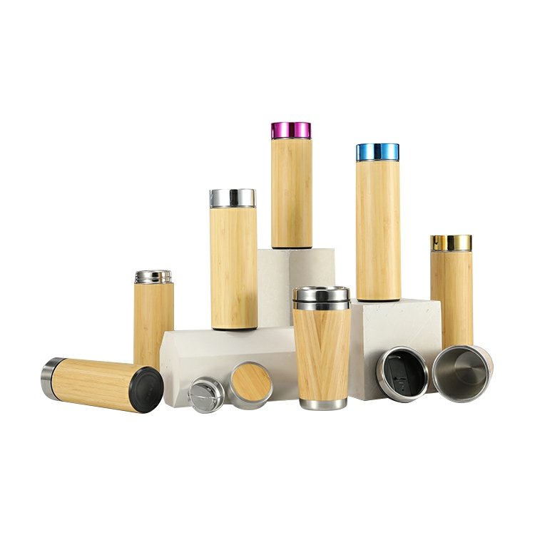 Hot sale 500ml custom natural bamboo stainless steel water botter vacuum flasks thermos with infuser BPA free lid