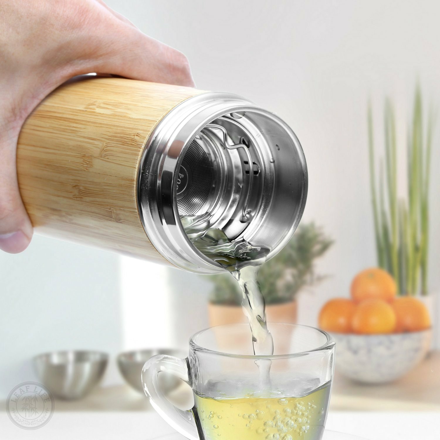 Hot sale 500ml custom natural bamboo stainless steel water botter vacuum flasks thermos with infuser BPA free lid