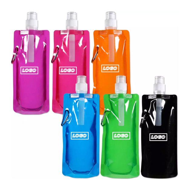 Hot Sell BPA Free 16oz Collapsible Water Bottles Reusable Foldable Drinking Water Bags With Clip For Sports Biking Hiking Travel