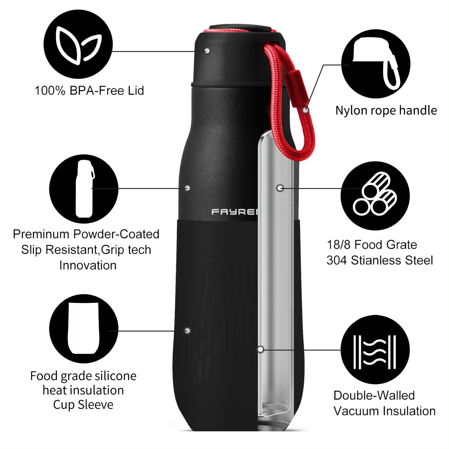 FAYREN new laser engraved double wall stainless steel vacuum flask water bottle with nylon cord