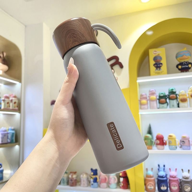 Zogifts Hot Selling Wood Grain Color Vacuum Flask Thermos 400Ml 500Ml Stainless Steel Water Bottle With Rope And Lid Leak-Proof