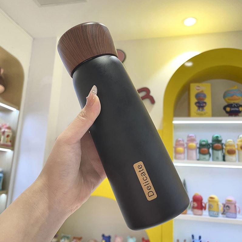 Zogifts Hot Selling Wood Grain Color Vacuum Flask Thermos 400Ml 500Ml Stainless Steel Water Bottle With Rope And Lid Leak-Proof