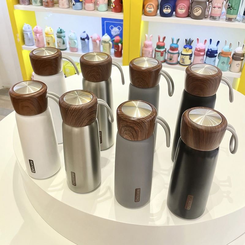 Zogifts Hot Selling Wood Grain Color Vacuum Flask Thermos 400Ml 500Ml Stainless Steel Water Bottle With Rope And Lid Leak-Proof