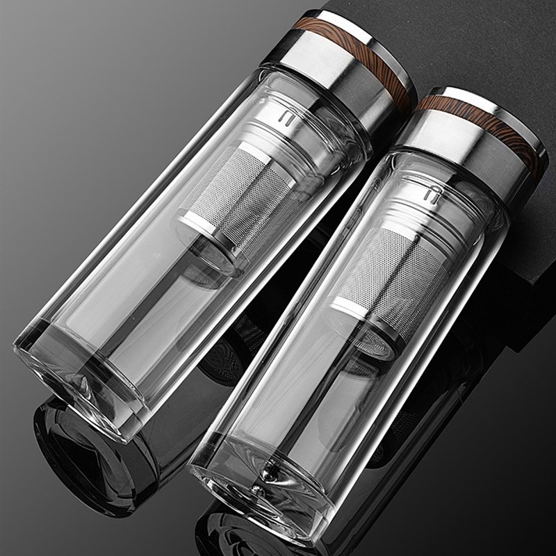 Wholesale custom logo 350ml Clear Double Wall Glass Water Bottle With Tea Infuser Strainer Filter Portable office Travel Bottles
