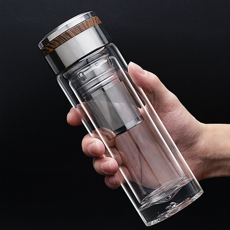 Wholesale custom logo 350ml Clear Double Wall Glass Water Bottle With Tea Infuser Strainer Filter Portable office Travel Bottles
