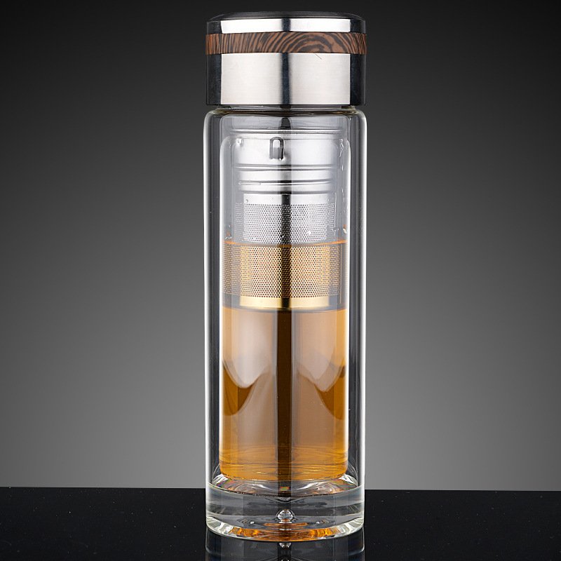 Wholesale custom logo 350ml Clear Double Wall Glass Water Bottle With Tea Infuser Strainer Filter Portable office Travel Bottles