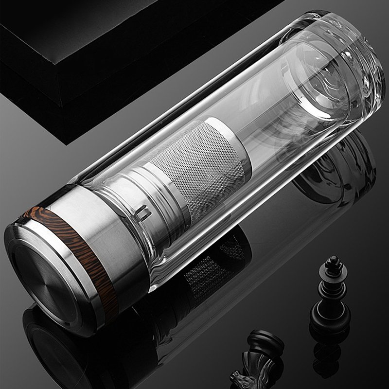 Wholesale custom logo 350ml Clear Double Wall Glass Water Bottle With Tea Infuser Strainer Filter Portable office Travel Bottles