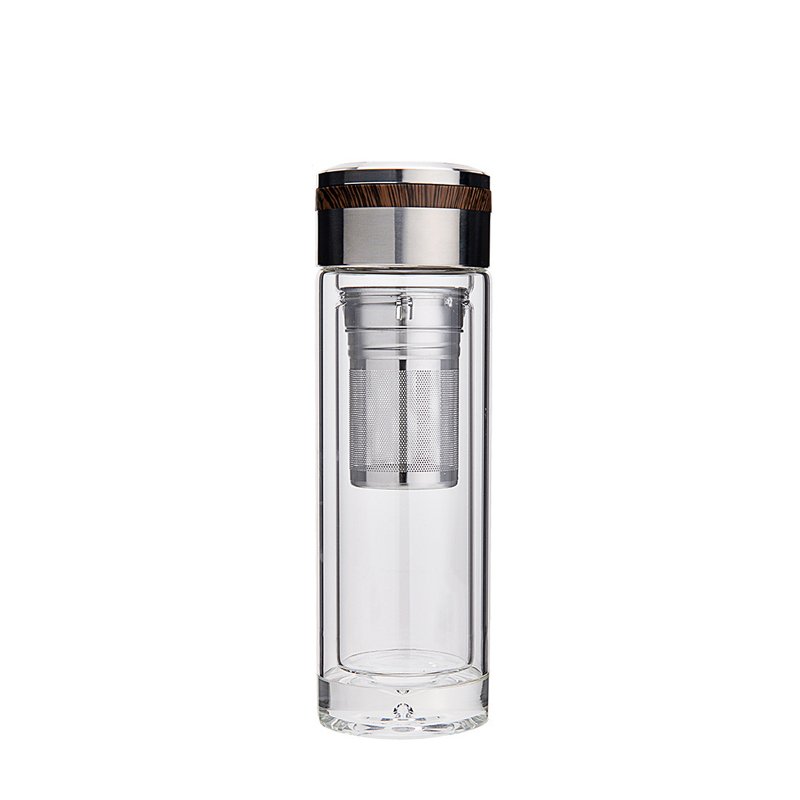 Wholesale custom logo 350ml Clear Double Wall Glass Water Bottle With Tea Infuser Strainer Filter Portable office Travel Bottles