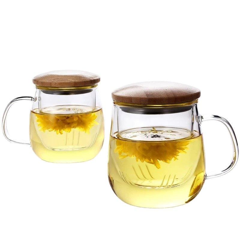 Elegant borosilicate glass tea cup with bamboo lid and removable glass strainer / tea infuser mug / the cup with cover