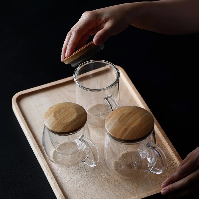 Elegant borosilicate glass tea cup with bamboo lid and removable glass strainer / tea infuser mug / the cup with cover