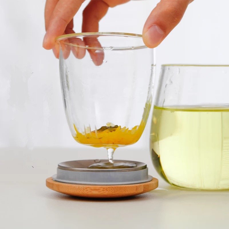 Elegant borosilicate glass tea cup with bamboo lid and removable glass strainer / tea infuser mug / the cup with cover