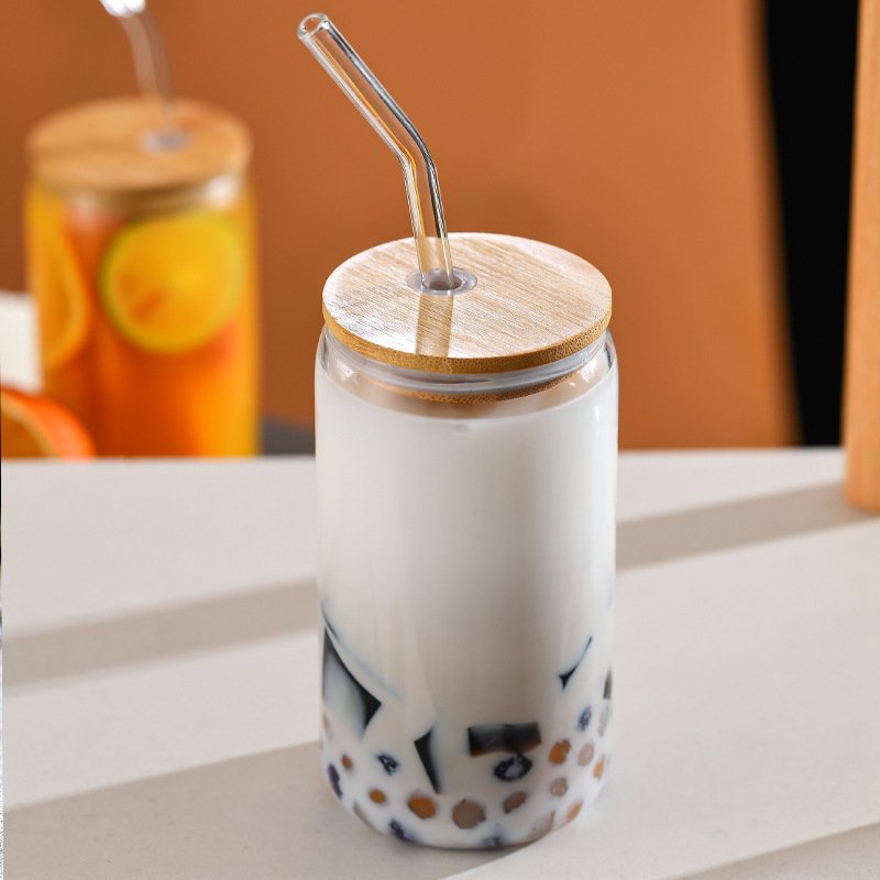 500ml 16oz Clear Glass Drinking Bottle with Bamboo Lid with Hole Juice Jar Spirit milk drinking water Bottle with Glass Straw