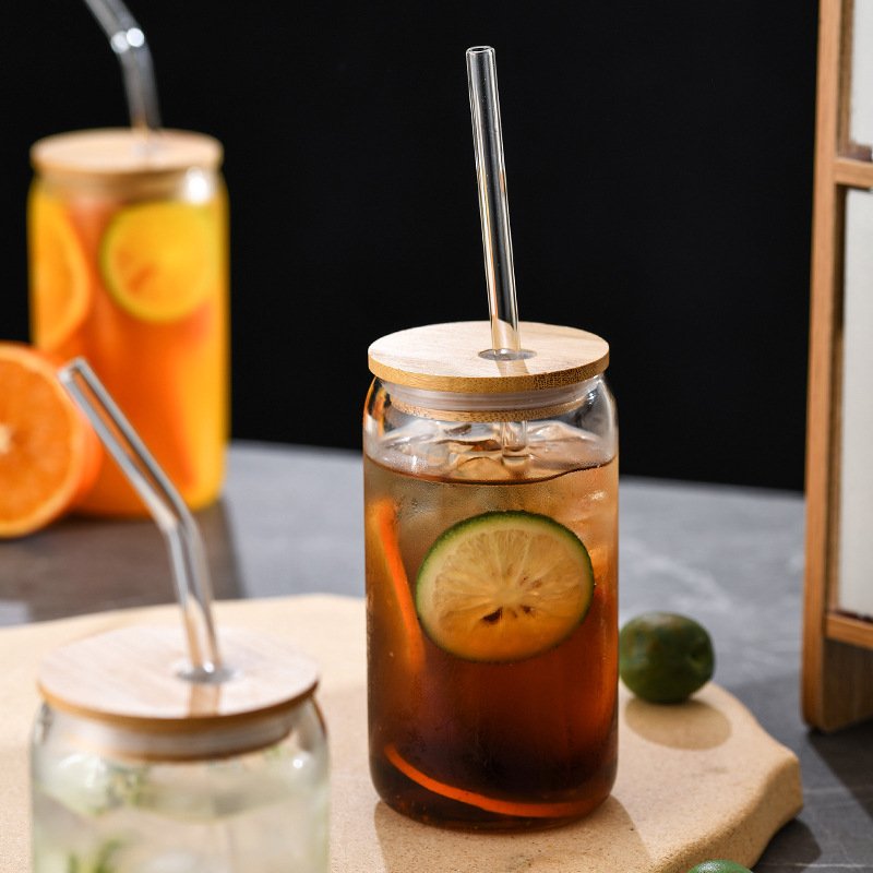 500ml 16oz Clear Glass Drinking Bottle with Bamboo Lid with Hole Juice Jar Spirit milk drinking water Bottle with Glass Straw