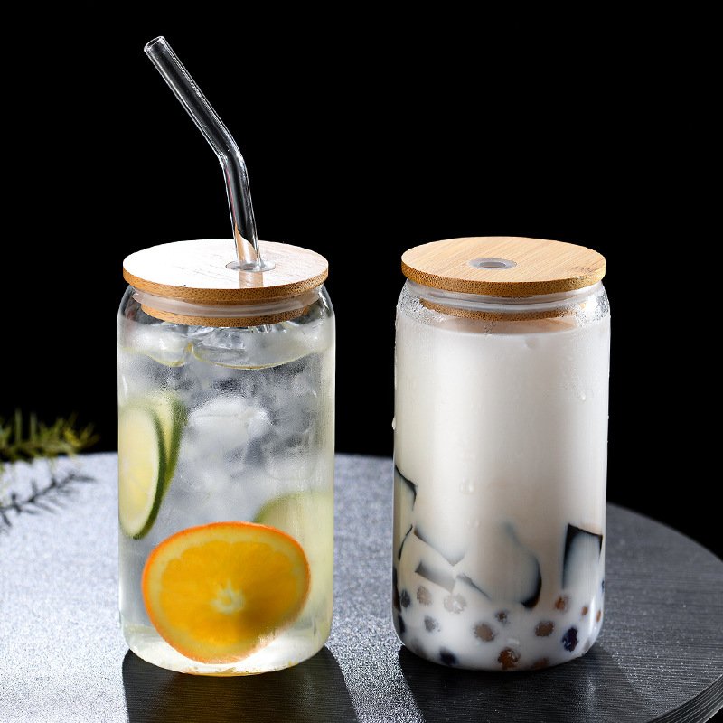 500ml 16oz Clear Glass Drinking Bottle with Bamboo Lid with Hole Juice Jar Spirit milk drinking water Bottle with Glass Straw