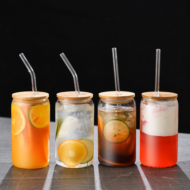 500ml 16oz Clear Glass Drinking Bottle with Bamboo Lid with Hole Juice Jar Spirit milk drinking water Bottle with Glass Straw