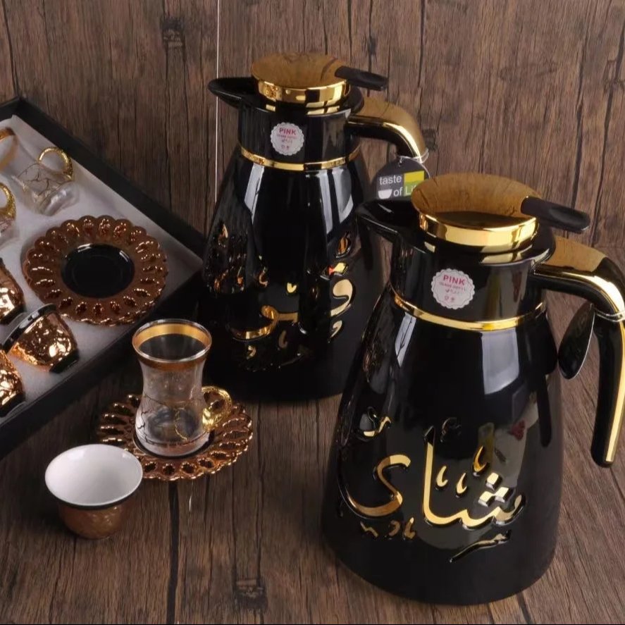 New Arrival High Quality Arabic Style Middle Eastern 1L Vacuum Thermos Coffee Pot Pink Glass Vaccum Flask with cup sets