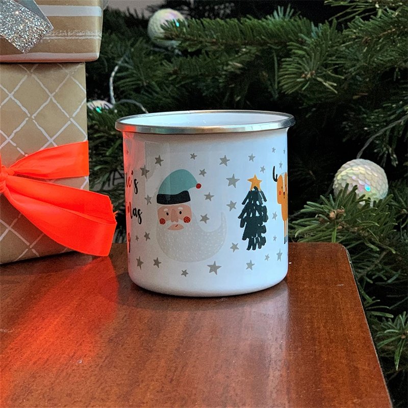 Christmas holiday 450ml personalized custom campfire metal tin steel kid enamel drinking mug