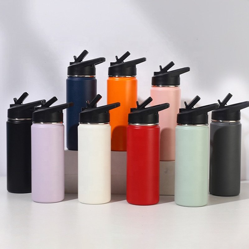 Custom lids 18oz 25oz 32oz sport double wall stainless steel 304 flasks vacuum thermos water bottles with straw handle