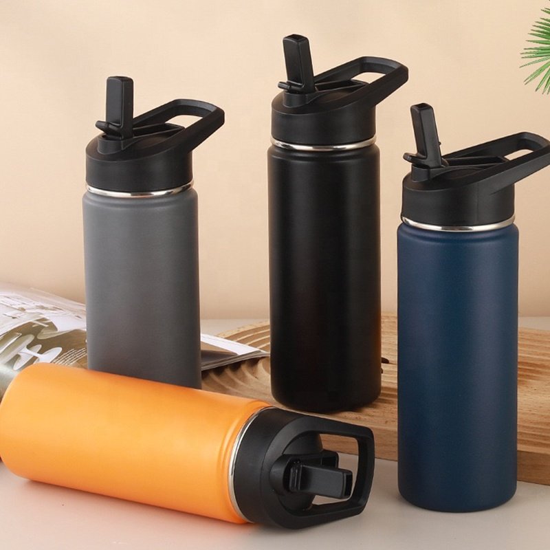 Custom lids 18oz 25oz 32oz sport double wall stainless steel 304 flasks vacuum thermos water bottles with straw handle