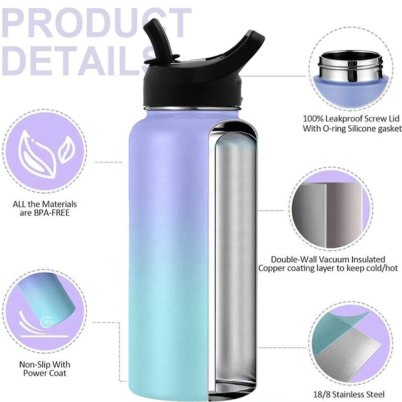 HAERS 32oz 40oz 64oz Wide Mouth Stainless Steel Double Walled Vacuum Flask Insulated Sport Water Bottles With Custom Logo