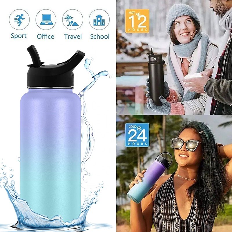 HAERS 32oz 40oz 64oz Wide Mouth Stainless Steel Double Walled Vacuum Flask Insulated Sport Water Bottles With Custom Logo